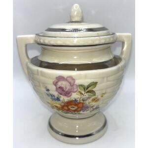 Porcelier Covered Floral Sugar Bowl Double Handle w/Lid, Uranium Glaze